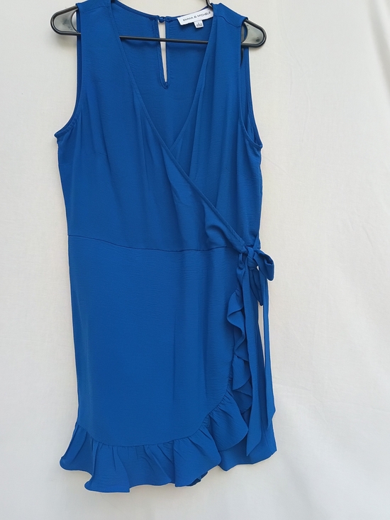 Emma & Michele Pants - Emma & Michele Royal Blue Sleeveless Wrap Mini Romper with Ruffle Hem